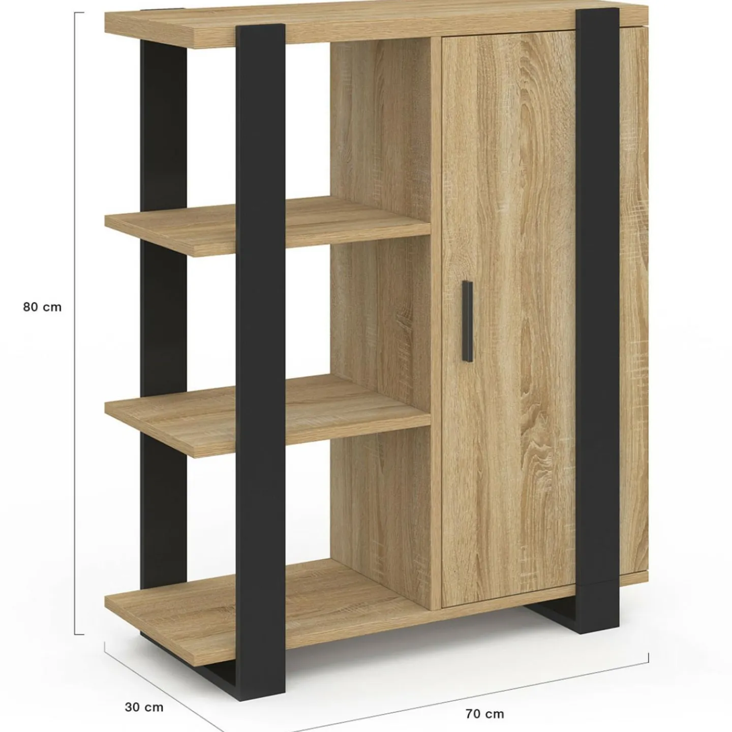 Buffet d'appoint 3 étagères et placard 70 cm bois et noir*IDMarket