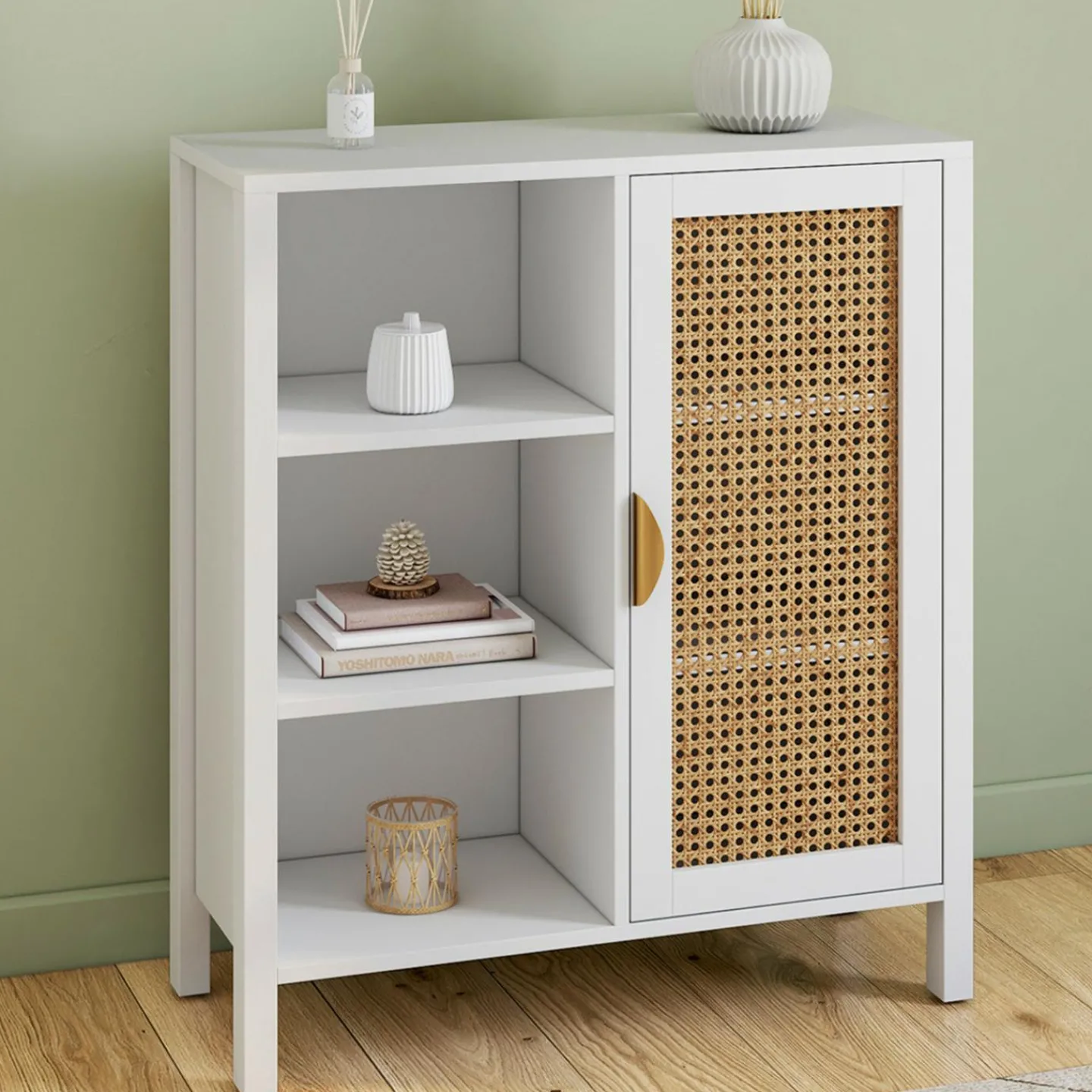 Buffet d'appoint 3 étagères et placard de 70 cm blanc avec cannage*IDMarket Discount