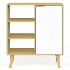Buffet d'appoint 3 étagères et placard 70 cm blanc et bois façon hêtre*IDMarket New