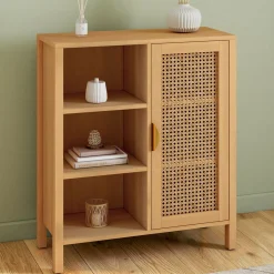 Buffet d’appoint cannage avec 3 étagères et placard 70 cm*IDMarket