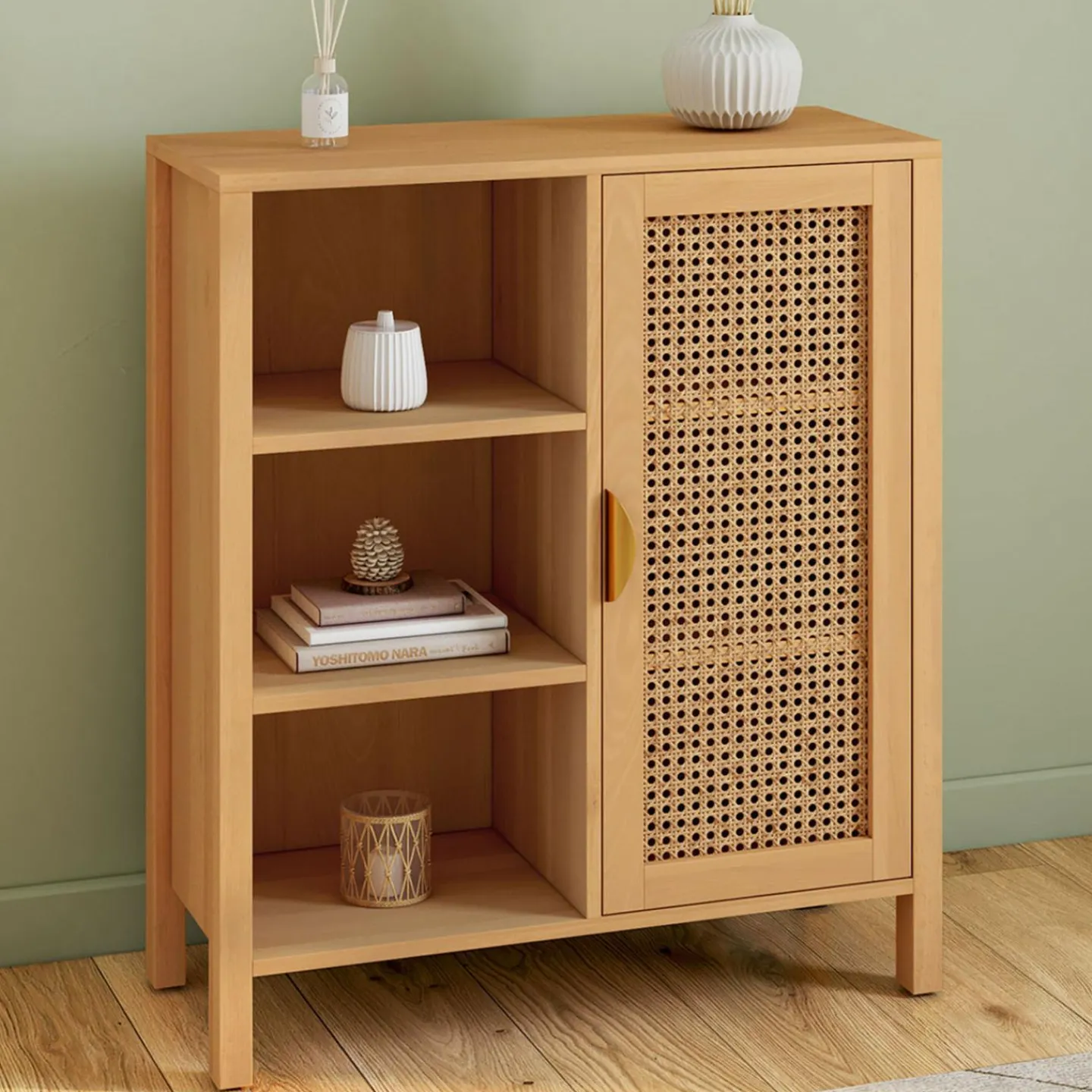 Buffet d’appoint cannage avec 3 étagères et placard 70 cm*IDMarket