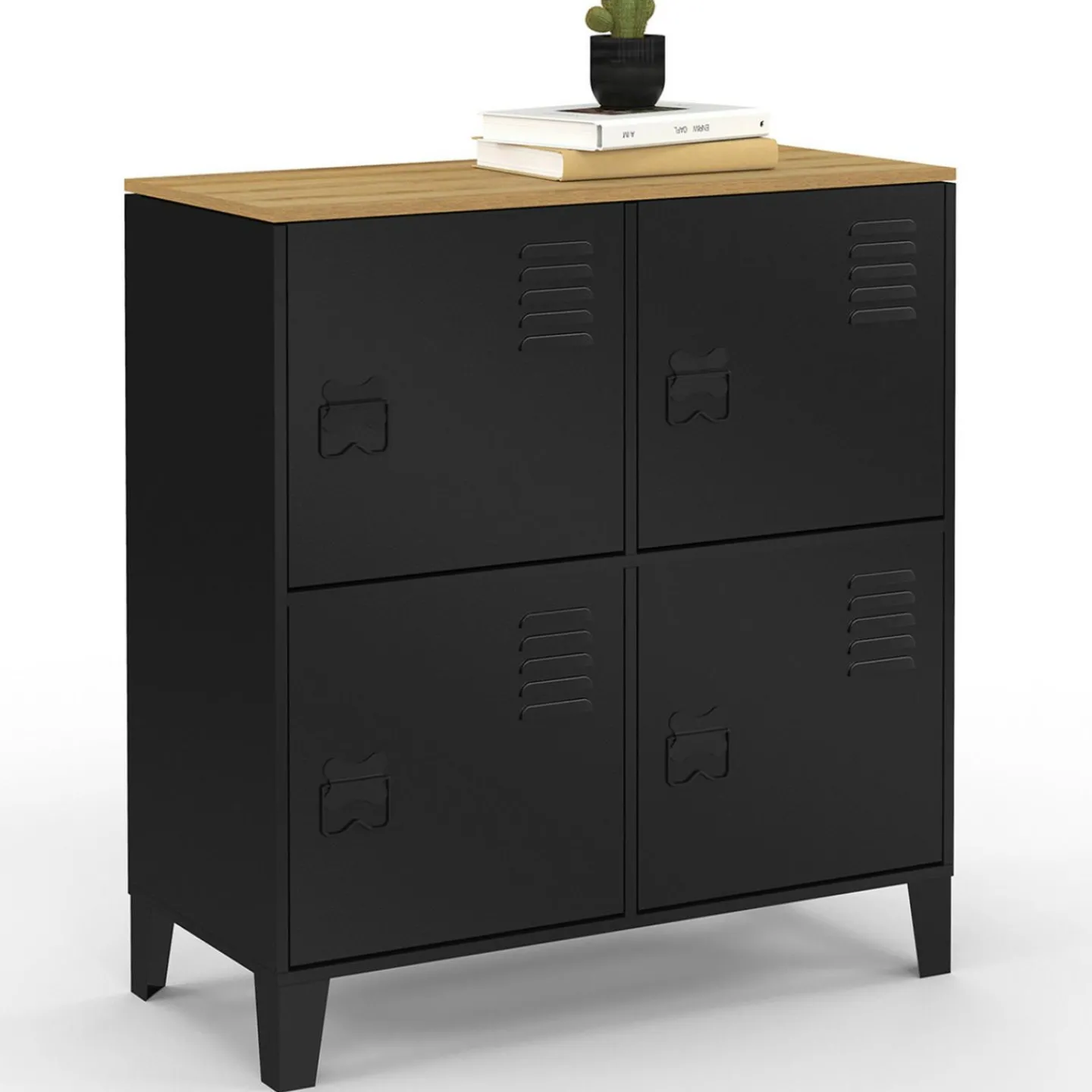 Buffet d'appoint casier 70 cm 4 portes en métal noir plateau bois design industriel*IDMarket