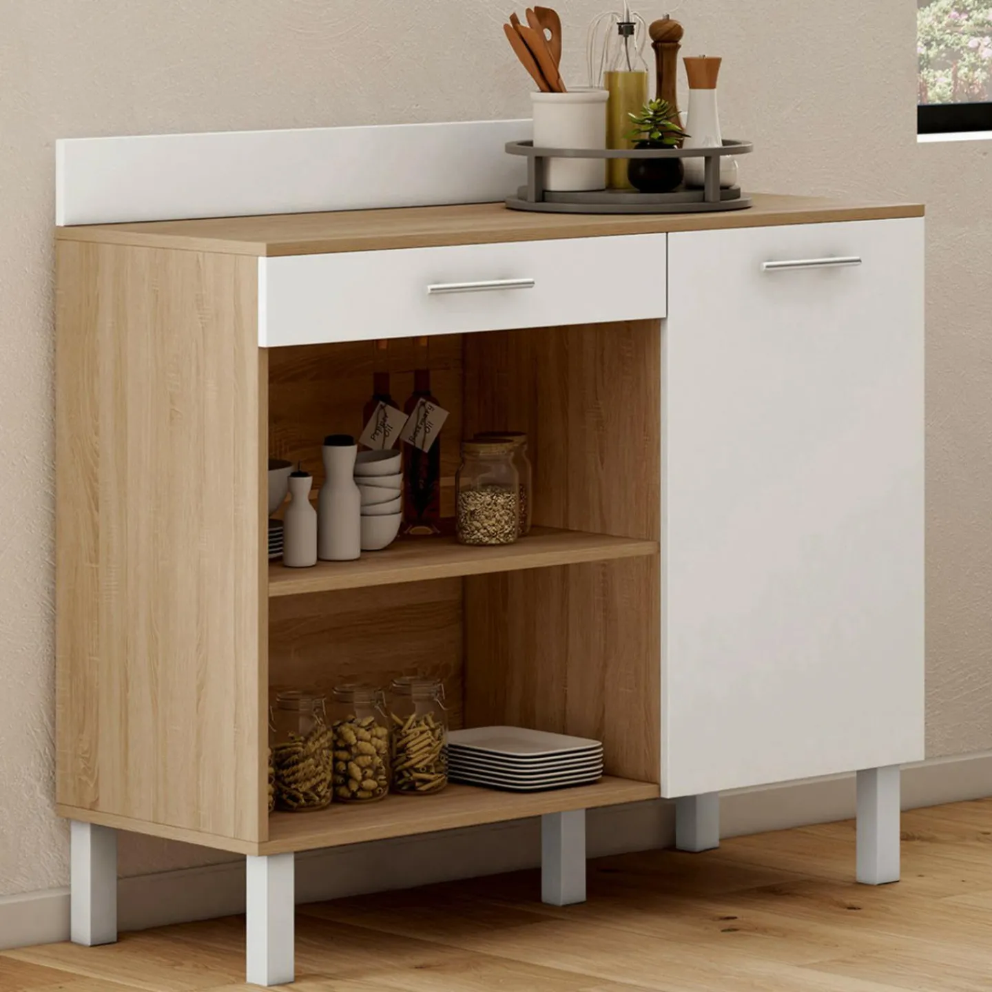 Buffet de cuisine bas 100 cm bois façon hêtre et blanc plan de travail H.83 cm*IDMarket Best