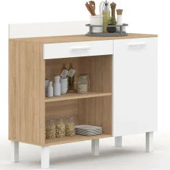 Buffet de cuisine bas 100 cm bois façon hêtre et blanc plan de travail H.83 cm*IDMarket Best