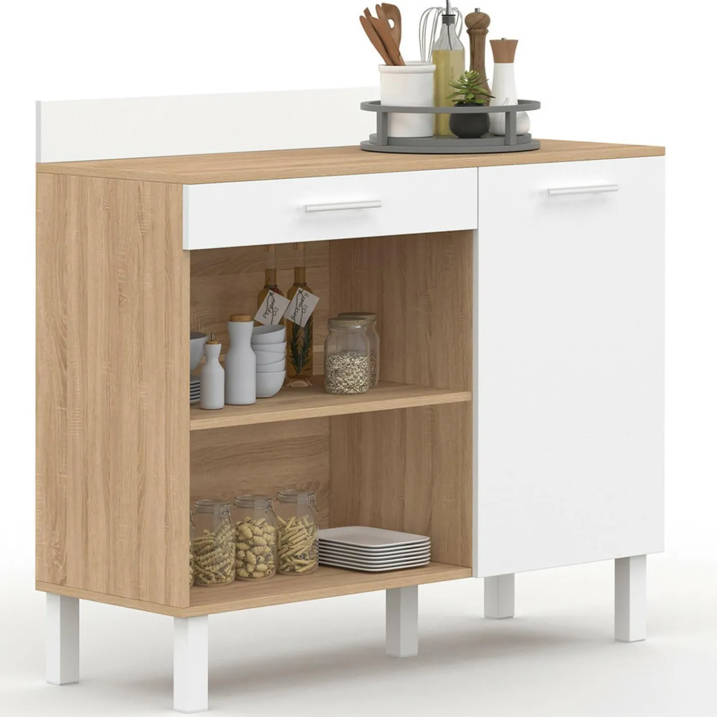 Buffet de cuisine bas 100 cm bois façon hêtre et blanc plan de travail H.83 cm*IDMarket Best