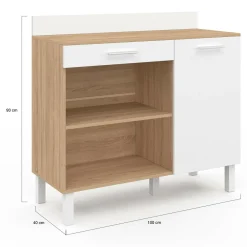 Buffet de cuisine bas 100 cm bois façon hêtre et blanc plan de travail H.83 cm*IDMarket Best
