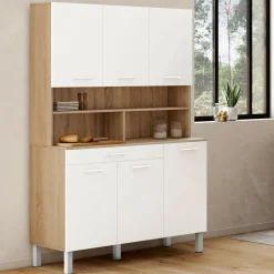 Buffet de cuisine vaisselier blanc et bois façon hêtre 120 cm*IDMarket Discount