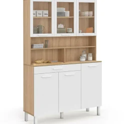 Buffet de cuisine vaisselier 120 cm 6 placards + tiroir blanc et bois façon hêtre*IDMarket