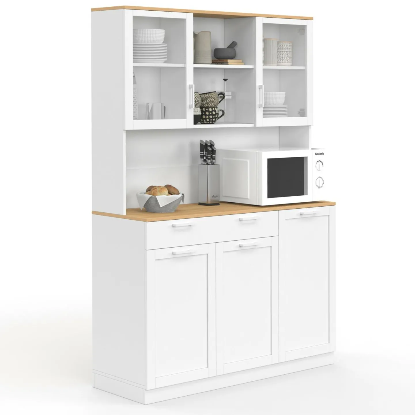 Buffet de cuisine vitré 120 cm 5 portes + 1 tiroir blanc et plateau façon hêtre*IDMarket Outlet