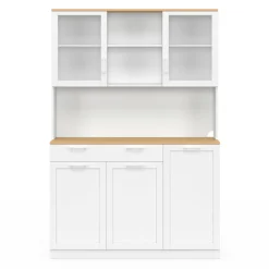 Buffet de cuisine vitré 120 cm 5 portes + 1 tiroir blanc et plateau façon hêtre*IDMarket Outlet
