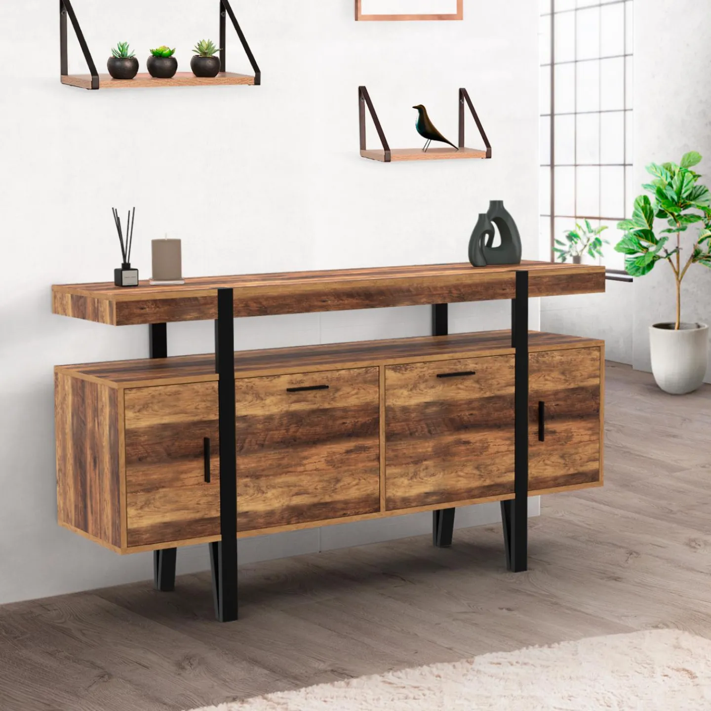 Buffet de salon industriel 4 portes bois et noir*IDMarket Discount