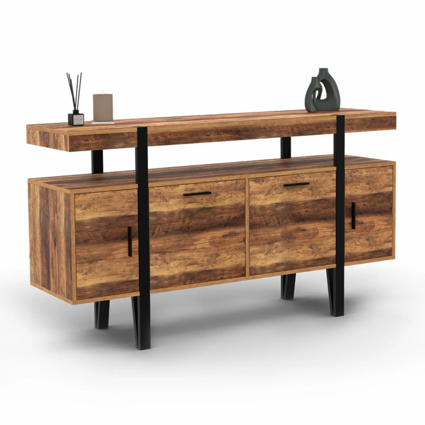 Buffet de salon industriel 4 portes bois et noir*IDMarket Discount