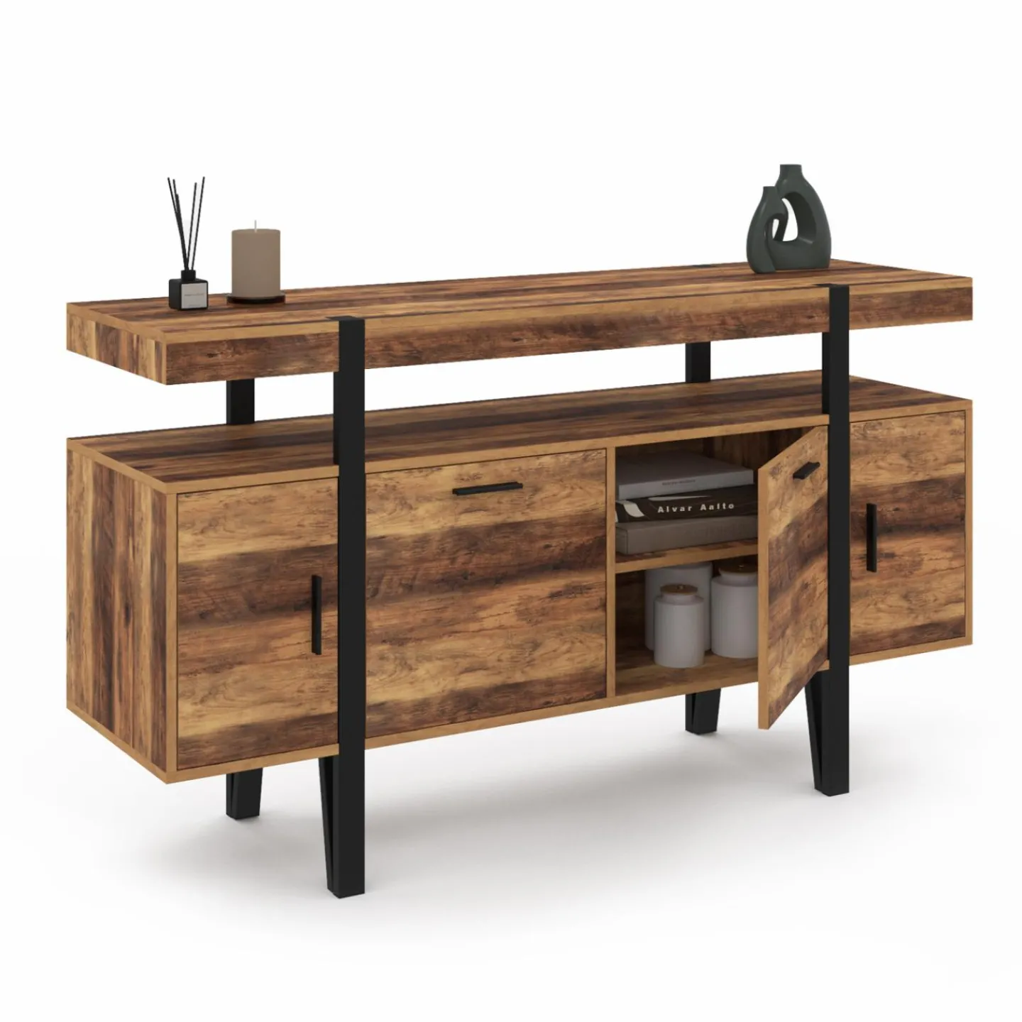 Buffet de salon industriel 4 portes bois et noir*IDMarket Discount