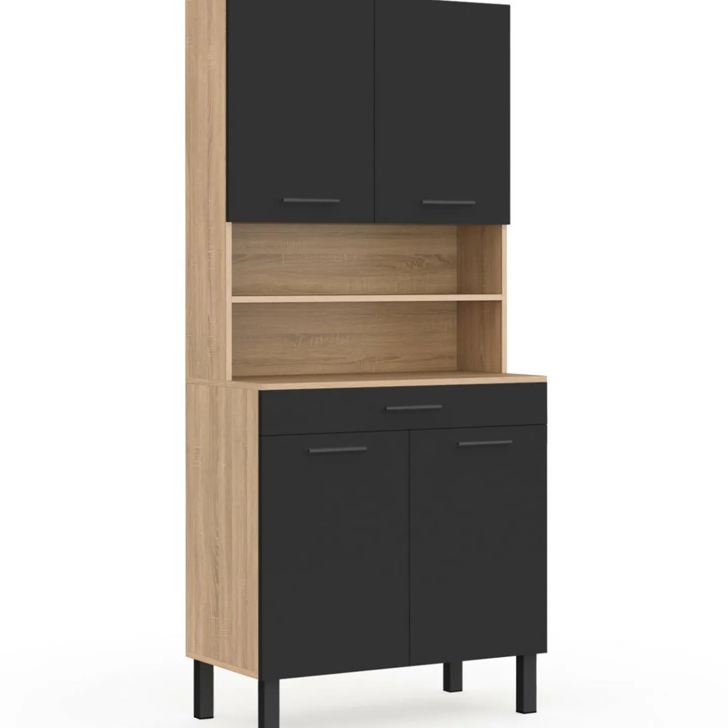 Buffet haut de cuisine bois façon hêtre 80 cm 4 portes + tiroir noir*IDMarket