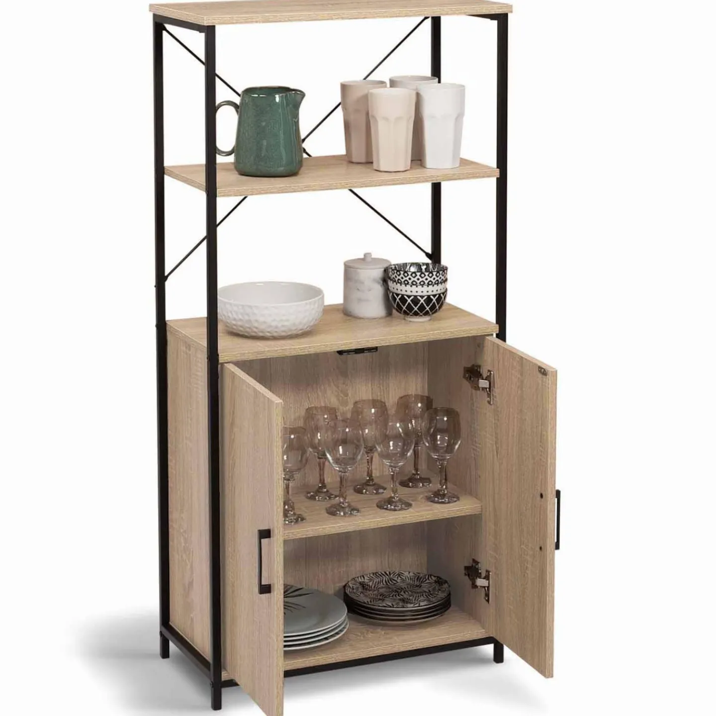 Buffet haut style industriel 2 portes avec étagères*IDMarket