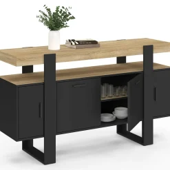 Buffet noir avec plateau bois 140 cm 4 portes*IDMarket Outlet