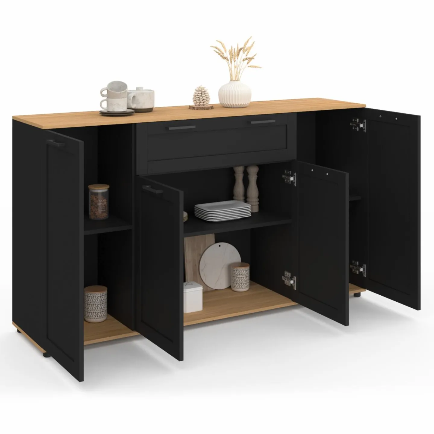 Buffet noir et bois 4 portes 1 tiroir*IDMarket Clearance