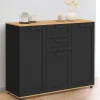Buffet noir et plateau bois 100 cm avec 3 portes et 2 tiroirs*IDMarket Clearance