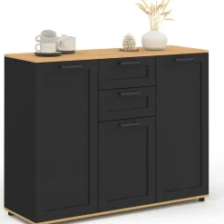 Buffet noir et plateau bois 100 cm avec 3 portes et 2 tiroirs*IDMarket Clearance
