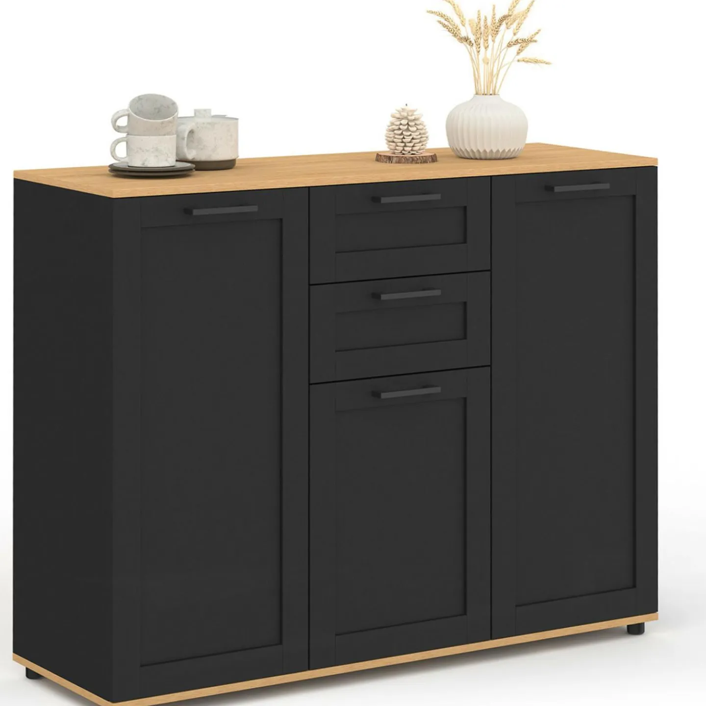 Buffet noir et plateau bois 100 cm avec 3 portes et 2 tiroirs*IDMarket Clearance
