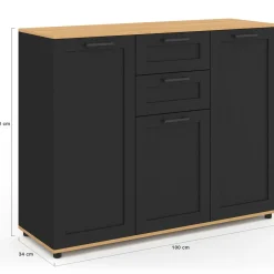 Buffet noir et plateau bois 100 cm avec 3 portes et 2 tiroirs*IDMarket Clearance