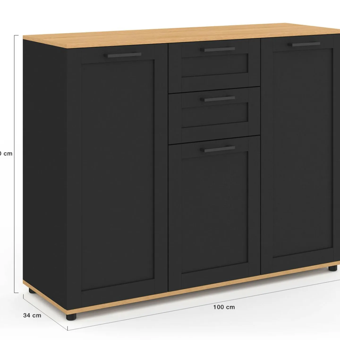 Buffet noir et plateau bois 100 cm avec 3 portes et 2 tiroirs*IDMarket Clearance