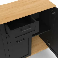 Buffet noir et plateau bois 100 cm avec 3 portes et 2 tiroirs*IDMarket Clearance