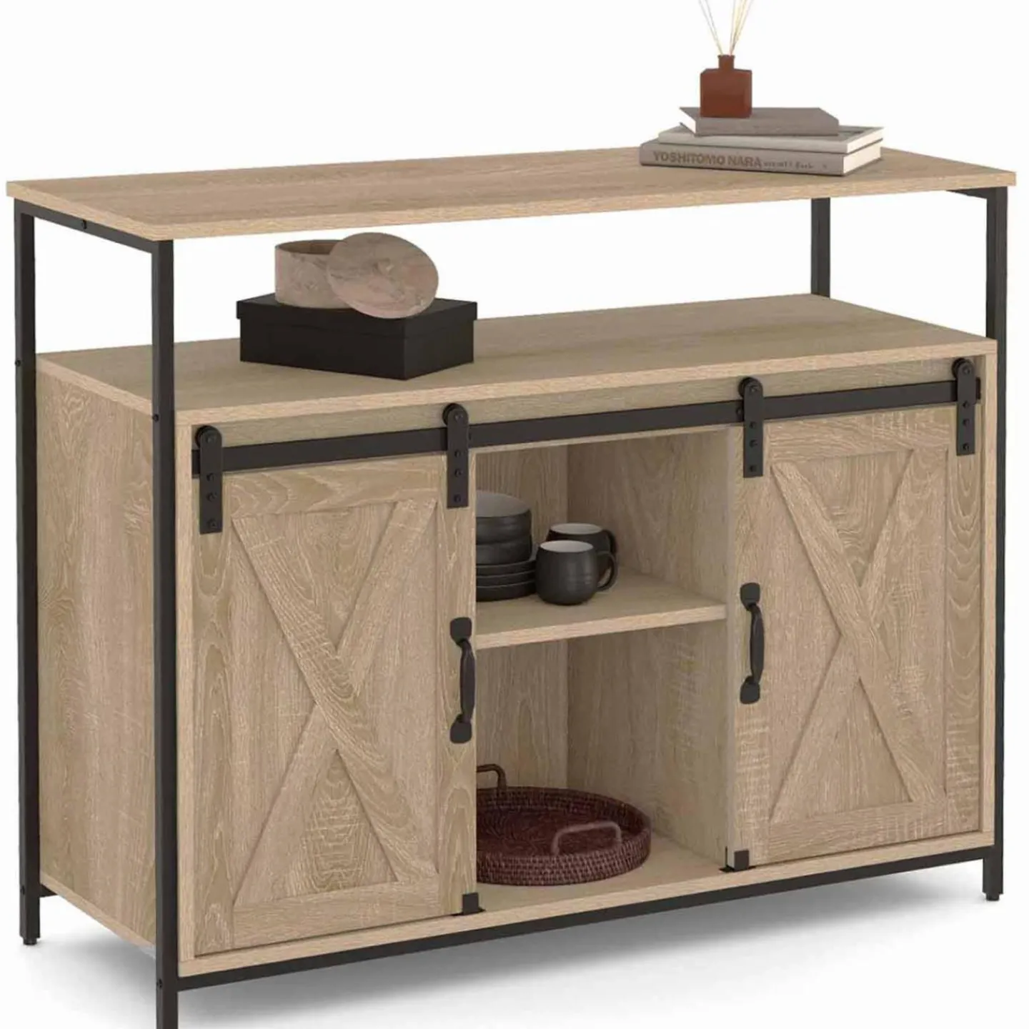 Buffet portes coulissantes grange bois clair effet vieilli*IDMarket Sale