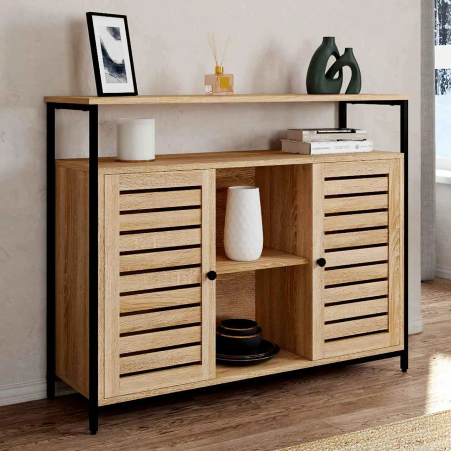 Buffet portes persiennes bois et métal noir*IDMarket Hot