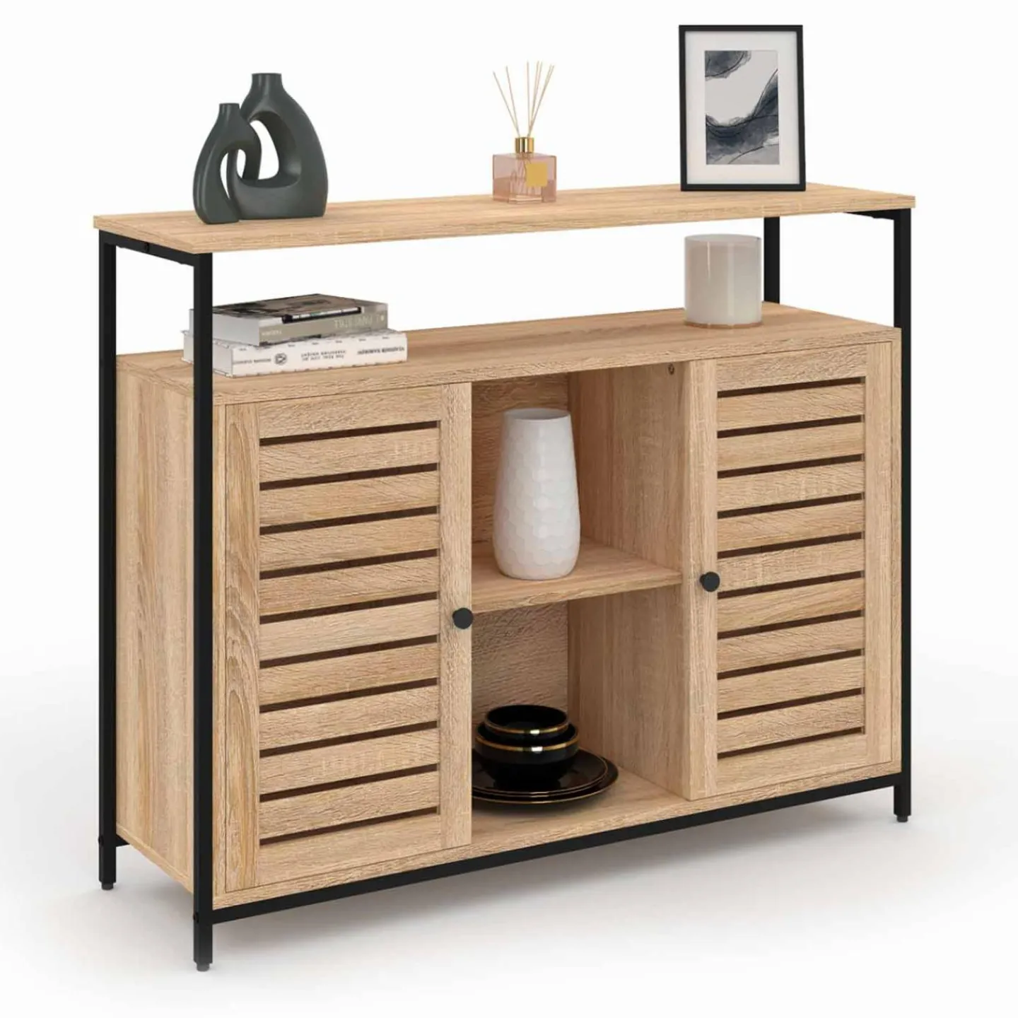 Buffet portes persiennes bois et métal noir*IDMarket Hot