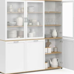Buffet vaisselier 160 cm meuble de cuisine 6 portes blanc et bois*IDMarket Sale