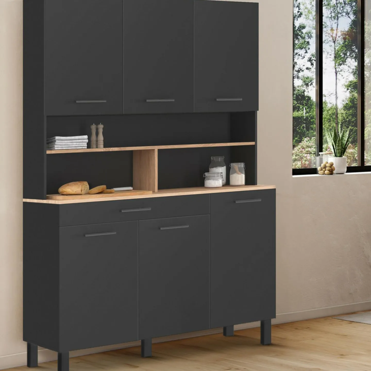 Buffet vaisselier noir 6 portes, 1 tiroir et plateaux façon hêtre*IDMarket