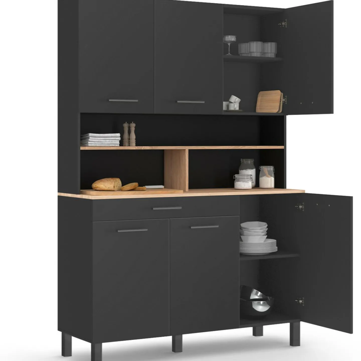 Buffet vaisselier noir 6 portes, 1 tiroir et plateaux façon hêtre*IDMarket