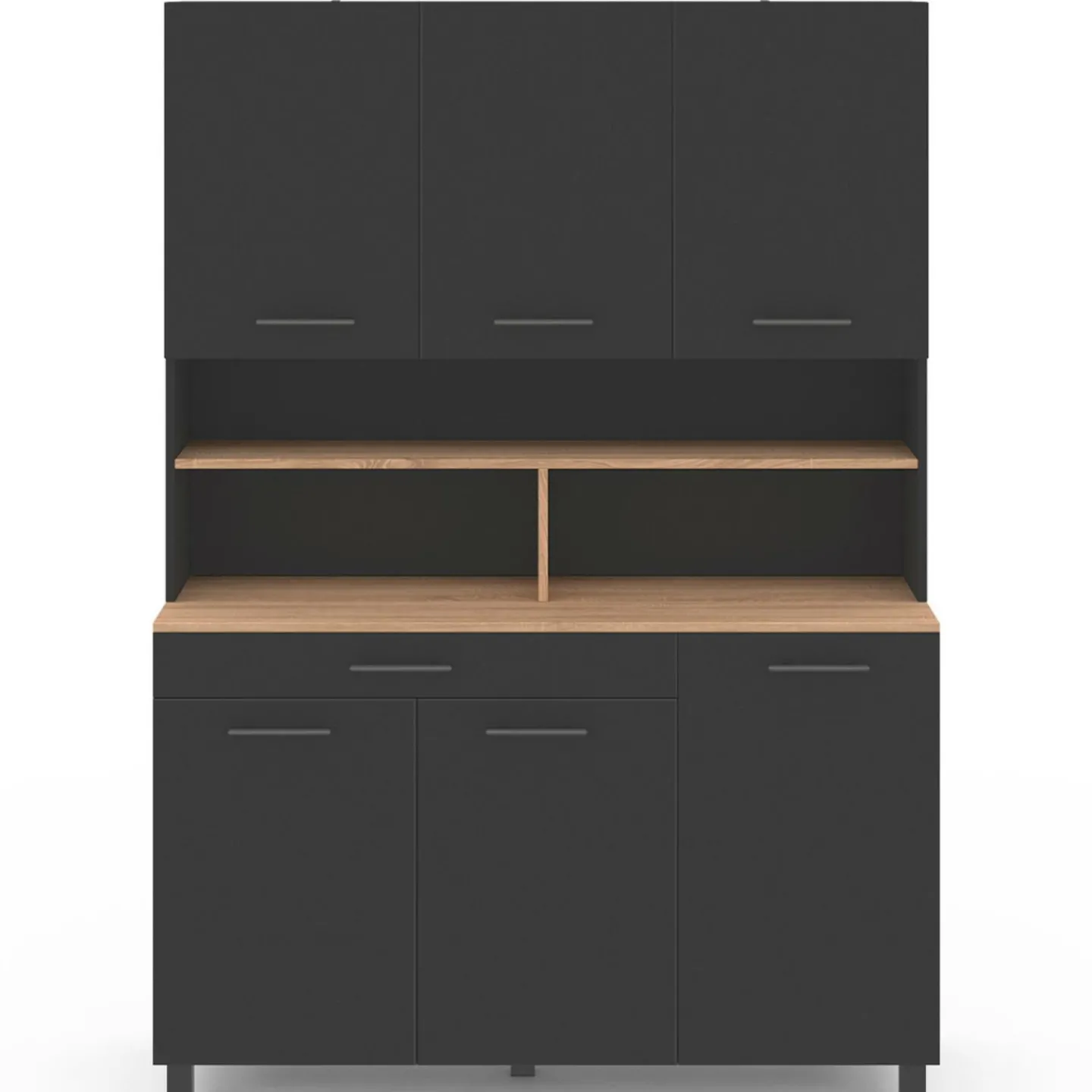 Buffet vaisselier noir 6 portes, 1 tiroir et plateaux façon hêtre*IDMarket