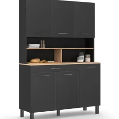 Buffet vaisselier noir 6 portes, 1 tiroir et plateaux façon hêtre*IDMarket