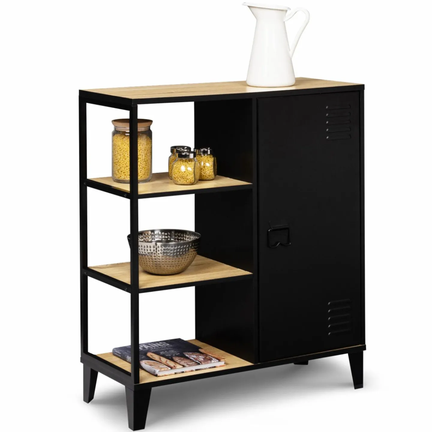 Buffet vestiaire métallique noir et plateaux bois*IDMarket