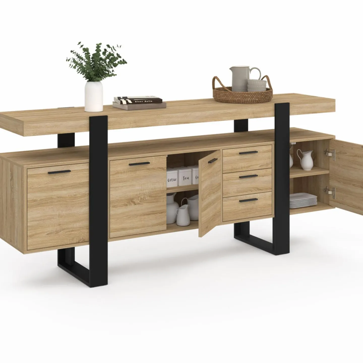 Buffet XXL 180 cm 4 portes 3 tiroirs bois et noir*IDMarket Best