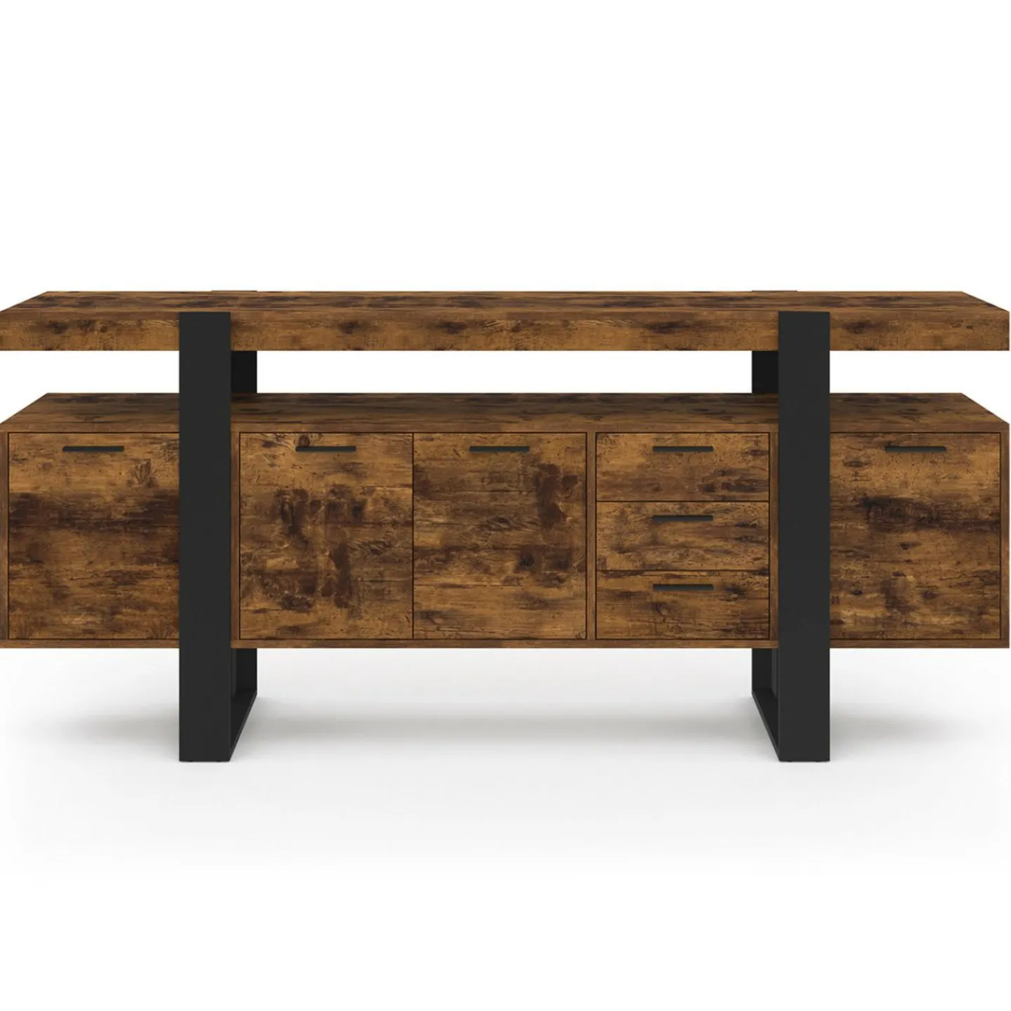 Buffet XXL bois et noir à l’effet vieilli de 180 cm avec 4 portes et 3 tiroirs*IDMarket Discount