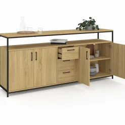 Buffet XXL bois et noir style industriel 180 cm 4 portes et tiroirs*IDMarket Sale