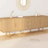 Buffet XXL de 180 cm avec 4 portes et 3 tiroirs à l’effet lattes et tasseaux en bois coloris chêne*IDMarket New
