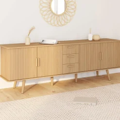 Buffet XXL de 180 cm avec 4 portes et 3 tiroirs à l’effet lattes et tasseaux en bois coloris chêne*IDMarket New