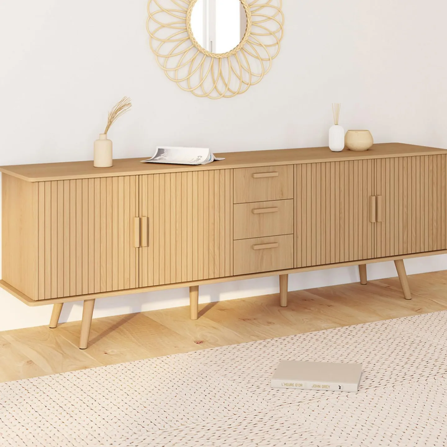 Buffet XXL de 180 cm avec 4 portes et 3 tiroirs à l’effet lattes et tasseaux en bois coloris chêne*IDMarket New