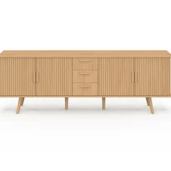 Buffet XXL de 180 cm avec 4 portes et 3 tiroirs à l’effet lattes et tasseaux en bois coloris chêne*IDMarket New