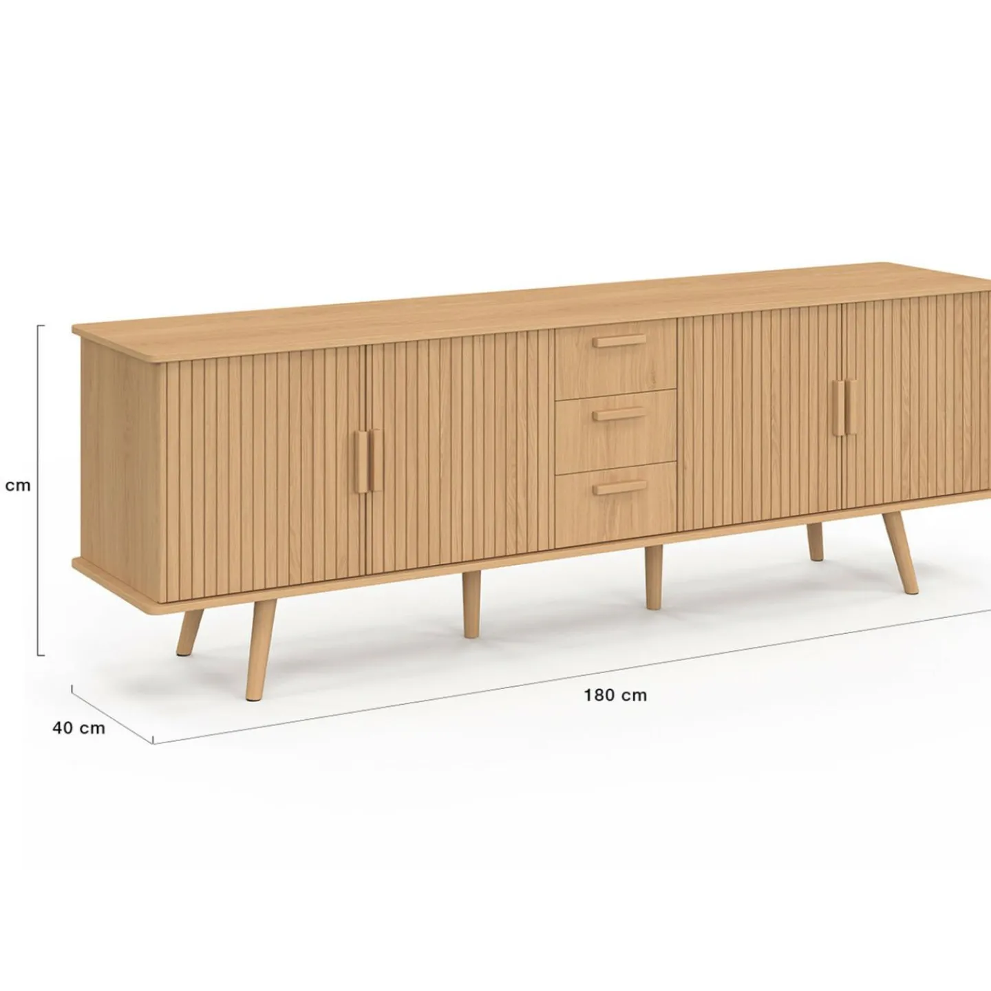 Buffet XXL de 180 cm avec 4 portes et 3 tiroirs à l’effet lattes et tasseaux en bois coloris chêne*IDMarket New