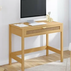 Bureau 1 tiroir bois et cannage 90*50*IDMarket Best
