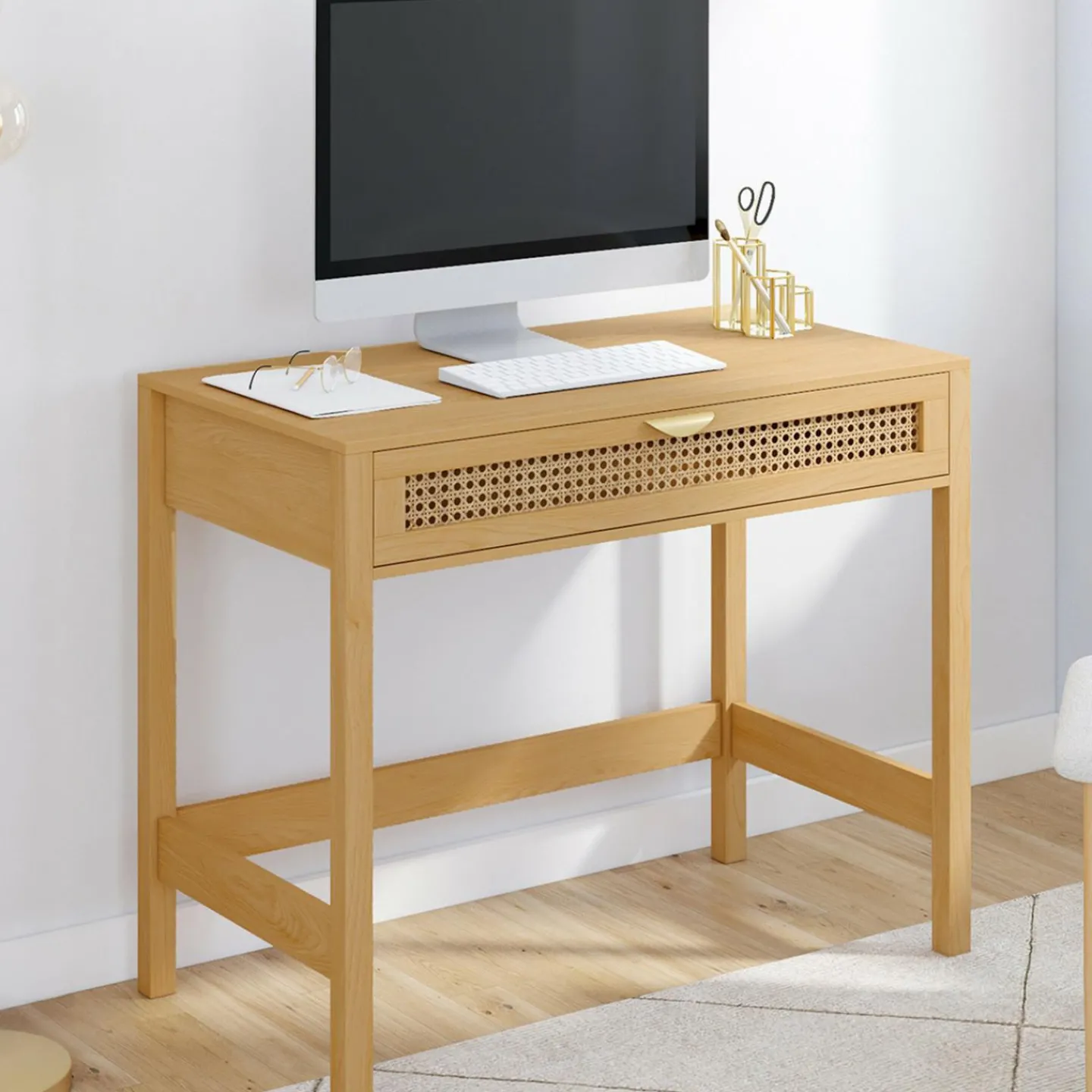 Bureau 1 tiroir bois et cannage 90*50*IDMarket Best