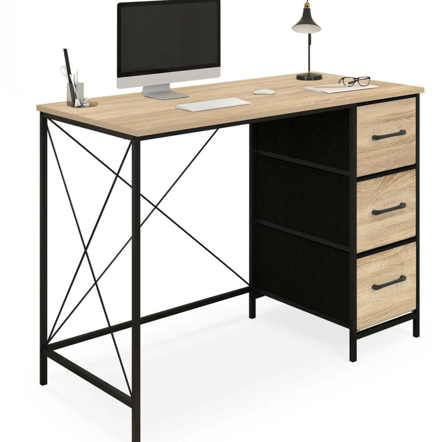 Bureau 3 tiroirs design industriel en tissu bois et noir*IDMarket Clearance