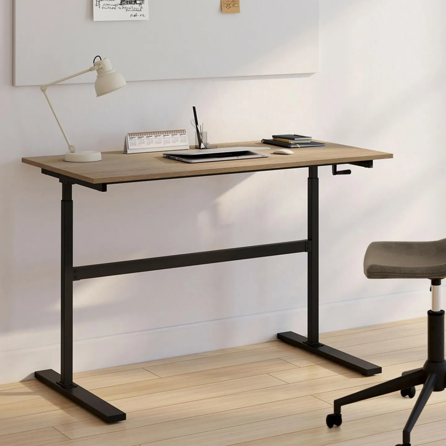 Bureau assis debout à manivelle hauteur réglable 70 - 120 cm bois façon hêtre et noir*IDMarket Hot