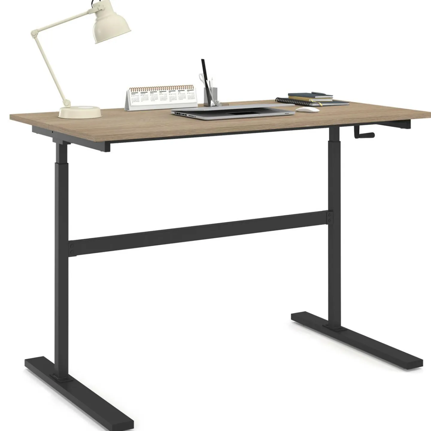 Bureau assis debout à manivelle hauteur réglable 70 - 120 cm bois façon hêtre et noir*IDMarket Hot