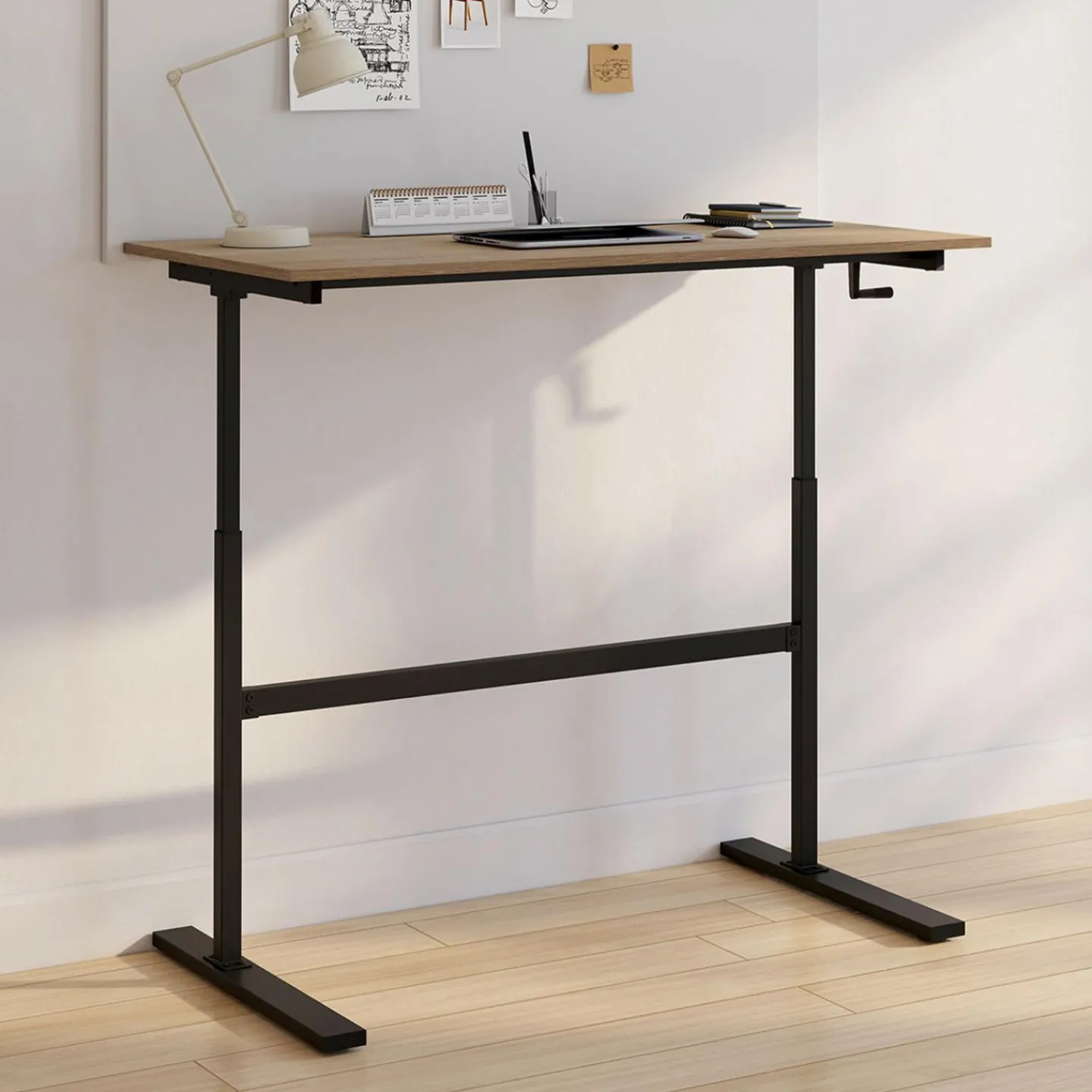 Bureau assis debout à manivelle hauteur réglable 70 - 120 cm bois façon hêtre et noir*IDMarket Hot